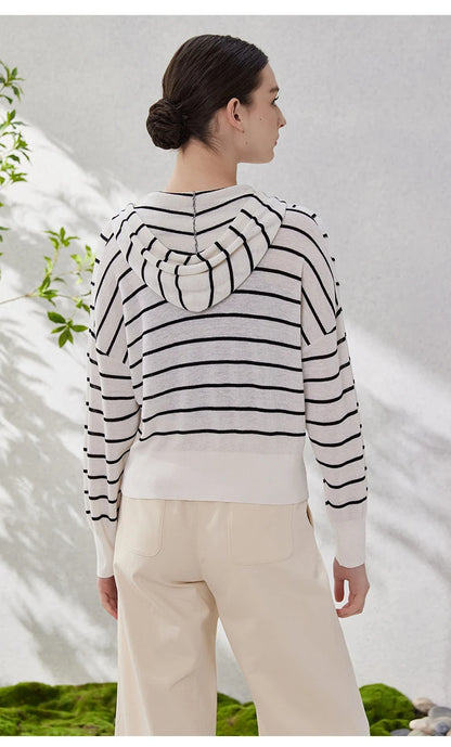 The Grace • Striped Zip-Up Hooded Knitted Rib Cardigan