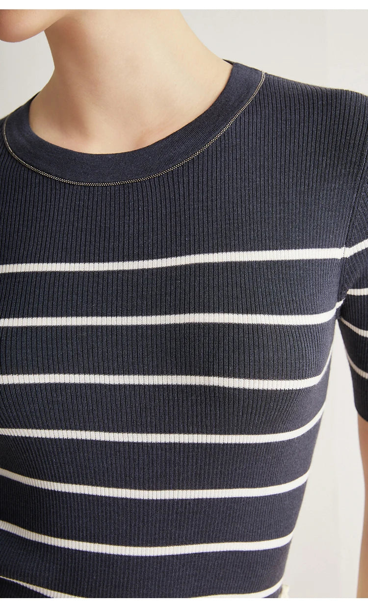 The Laura • Striped Short Sleeve Knitted Rib Top