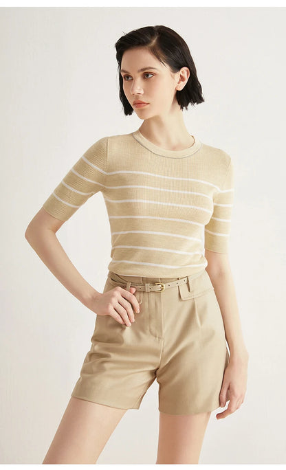 The Laura • Striped Short Sleeve Knitted Rib Top