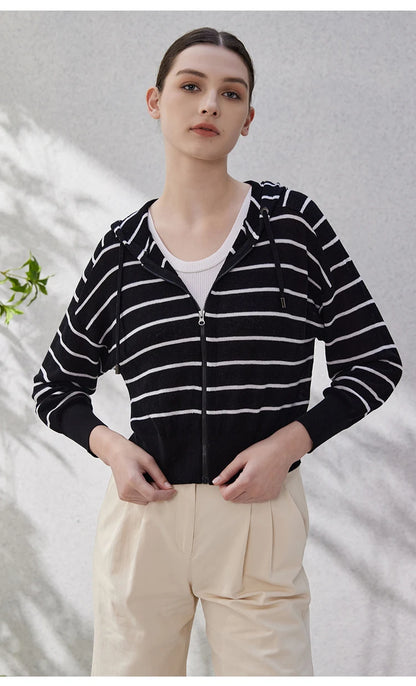 The Grace • Striped Zip-Up Hooded Knitted Rib Cardigan